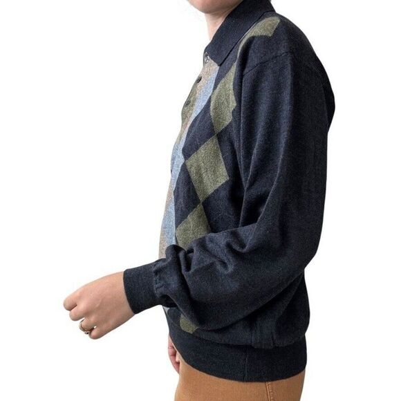 Vintage Lord & Taylor Navy Blue Green Argyle 100% Merino Wool Polo Sweater Sz L - Picture 4 of 5